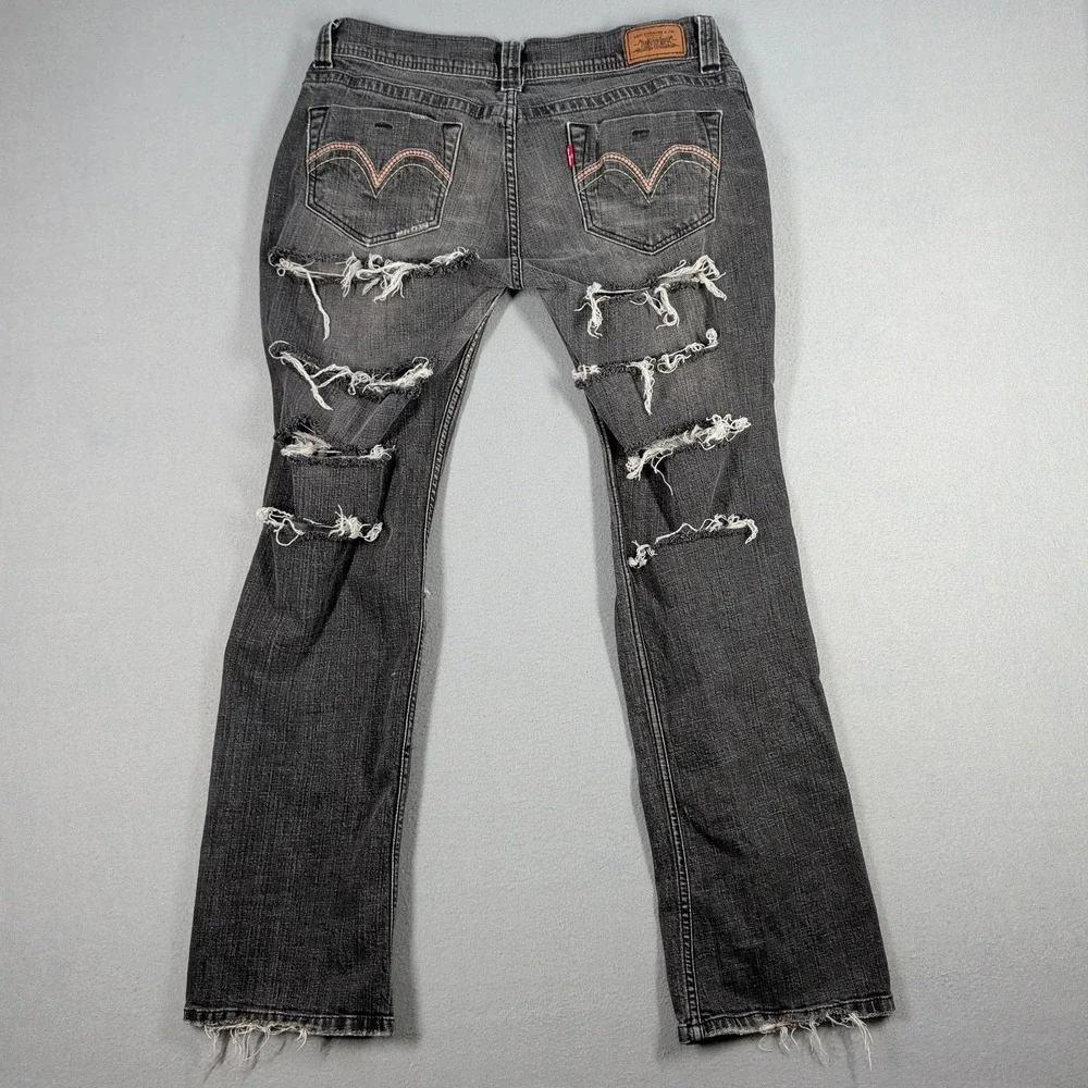 Levis‎ Jeans Womens 13M Black Ripped Denim Low Rise Distressed Straight Leg